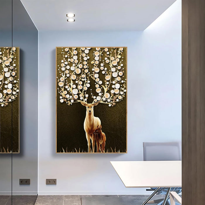 Colorful Mother & Child Deer in the Forest Framed Decorative Wall Art, Framed Canvas Painting (Size:23x35 Inch)