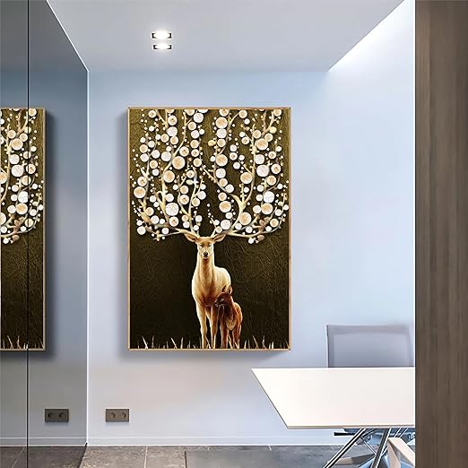 Art Street Canvas Painting Golden Deer Framed Decorative Wall Art (Size:23x35 Inch)