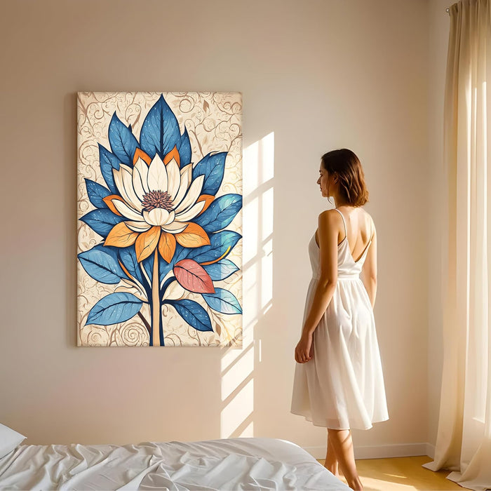 Abstract Stretched Canvas Multicolor Wall Art Painting Lotus Indian Folk Digital Painting ‰ÛÒ 22x34 Inch