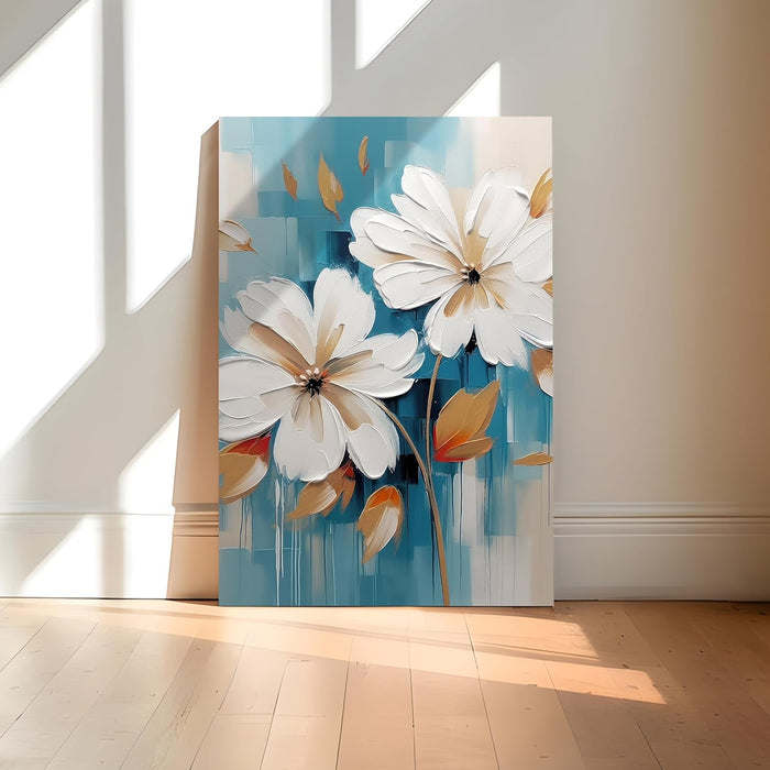 Large Stretched Canvas Painting, Panel Wall Art Print White and Gold Flowers Framed Luxury Paintings for Home Décor (White, 22x34 Inch)