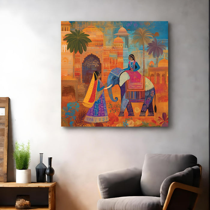 Royal Indian Elephant & Mughal Palace Stretched Wall Art Painting For Living Room, Traditional Rajasthani Folk Print Featuring Ethnic Women & Haveli Architecture For Home Decor (56xx56 cm)