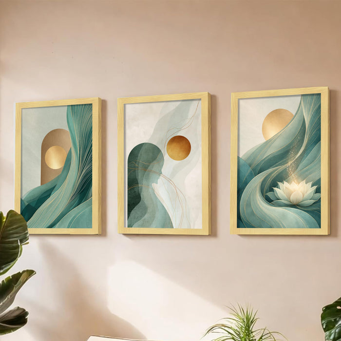 Modern Abstract Blooming Lotus A3 Framed Poster for Living Room With Frame, Luxury Abstract Geometric Moon Framed Vastu Posters for Home Decor Bedroom Hallways Office Hotel Set of 3, Size 33x45 cm