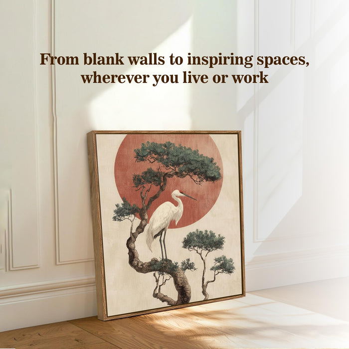 Japanese Crane Sun Framed Painting For Living Room | Vastu Crane Large Canvas Painting With Frame Wall Art For Bedroom, Hallway's, Office, Hotel, Size 58x58 cm