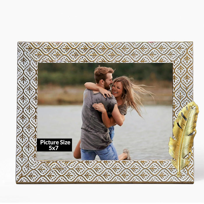 Photo Frame with Golden Metalic Leaf, White (5x7 Inch), Wooden Tabletop Photoframe.