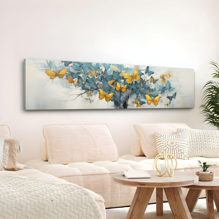 Large Stretched Canvas Painting, Panel Wall Art Print Abstract Tree with Yellow Butterfly Luxury Paintings for Home Decoration (Sky Blue, 12x46 Inch)