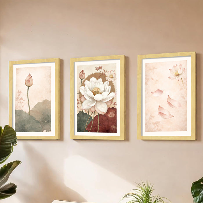 Modern Abstract Blooming Lotus A3 Framed Poster for Living Room With Frame, Abstract Floral Framed Vastu Posters for Home Decor Bedroom Hallways Office Hotel Set of 3, Size 33x45 cm