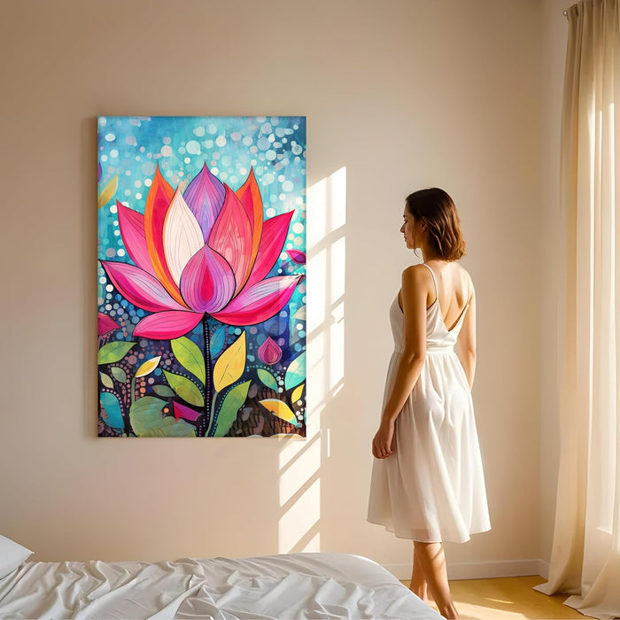 Abstract Multicolor Folk Art of Lotus Floral Stretched Canvas Painting with Frame – Wall Art – Framed Canvas Wall Décor (23x35 Inch)