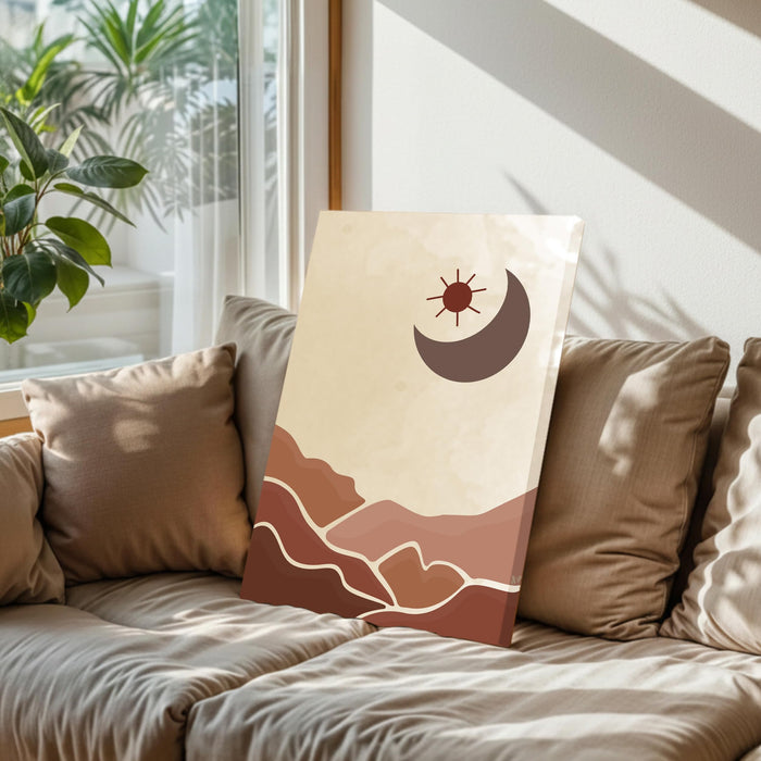 Abstract Desert Moon and mountain theme Stretched Canvas Wall Art Modern Boho Illustration Painting for Home & Office Wall Decor, (16x22 Inch)