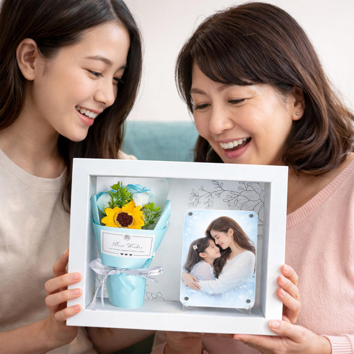 Mother's Day Flower Gift Box for Memories with Flower Bouquet and Fridge Magnet, Beautiful Moments in a Shadow Box, for Anniversary Gifting, Elegant Home Decor Display (Size: 18x23 cm)