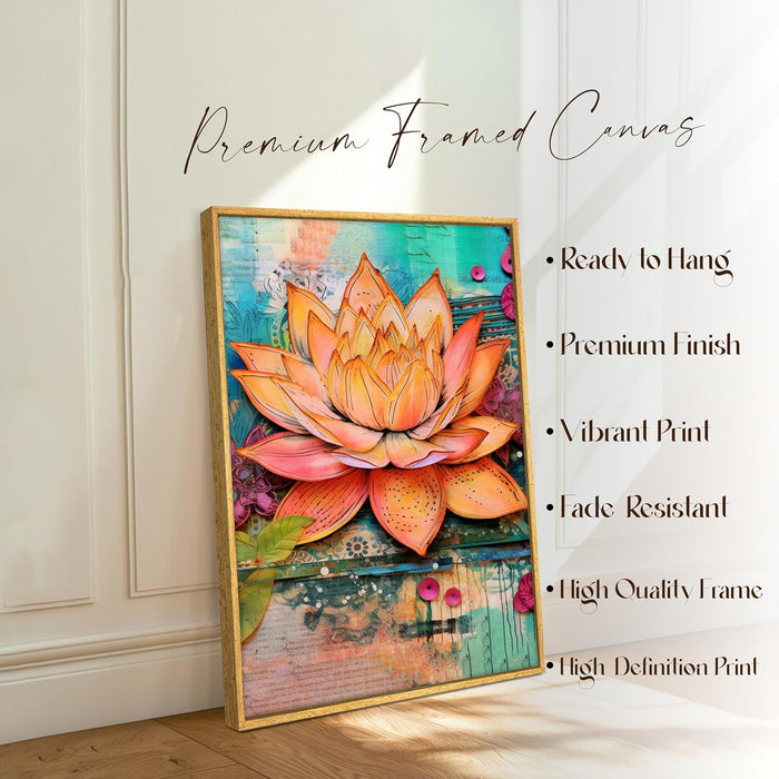 Abstract Multicolor Digital Art of Lotus Flower Stretched Canvas Painting with Frame – Wall Art – Framed Canvas Wall Décor (23x35 Inch)