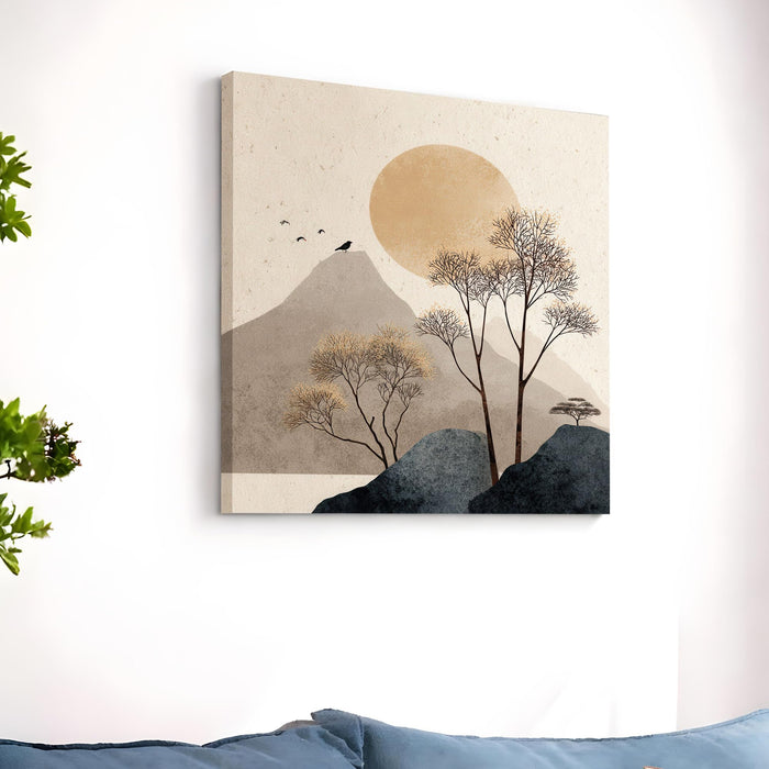 Japandi Minimalist Wall Art Painting for Living, Boho Minimalist Abstract Mountain Landscape with Golden Sun & Trees, Stretched Canvas Painting for Living Room, Bedroom & Office Decor (56xx56 cm)
