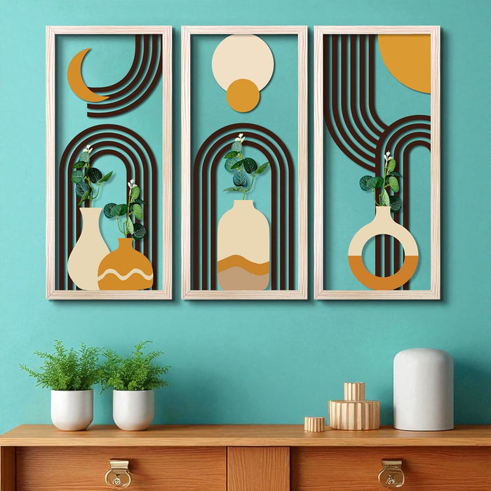 MDF Boho Wall Hanging Rectangular Vase Frame with Artificial Plant Leaf Pack of 3 Wooden Wall Decor 23x48 cm