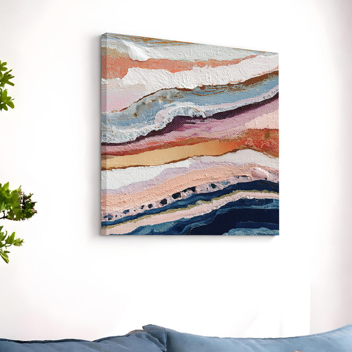 Abstract Stretched Canvas Wall Art Painting For Living Room, Modern Abstract Layered Coastal Landscape, Blue, Pink & Coral Textured Painting for Living Room, Office & Home Decor (56xx56 cm)