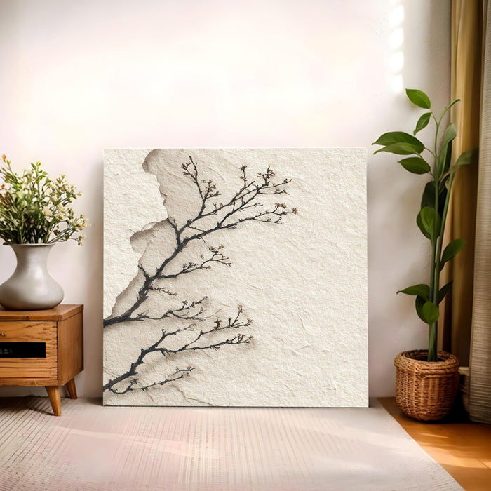 Japanese Zen Tree Branch Stretched Canvas Wall Art Painting For Living Room, Minimalist Wabi-Sabi Landscape Painting, Modern Japandi Decor for Living Room, Office & Home (56xx56 cm)