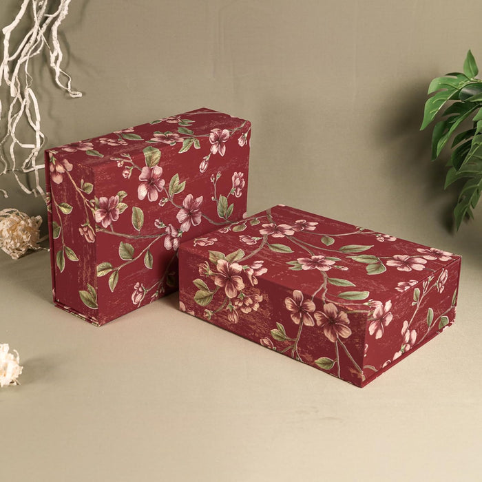 Foldable Cardboard Flowers Printed Hamper Gift Box Set of 2, Multipurpose Gift Hamper Box For Special Occasions, Wedding Gift Packaging (Red, 9x12 inch)