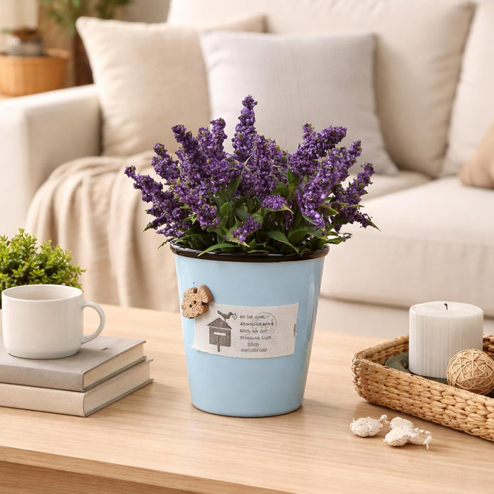 Ceramic Flower Pot with Artificial Purple Flowers | Decorative Tabletop Planter