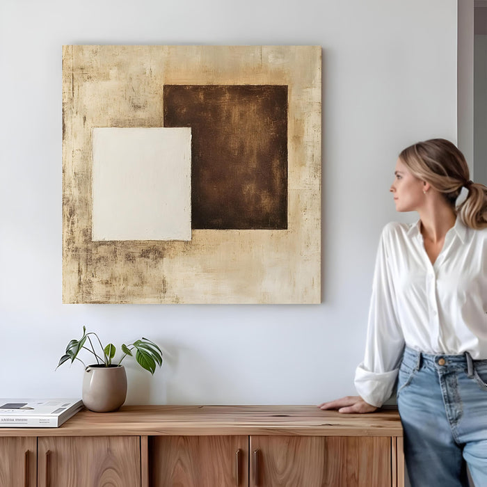 Modern Abstract Stretched Canvas Wall Art Painting For Living Room, Minimalist Geometric White & Dark Brown Textured Painting for Living Room, Office & Home Decor (56xx56 cm)