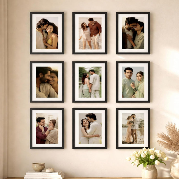 Wooden Cave Design Photo Frame Set of 9 | Black Picture Frames for Photos, Artwork & Certificates | Wall Décor for Living Room & Home (11x14 Inch)