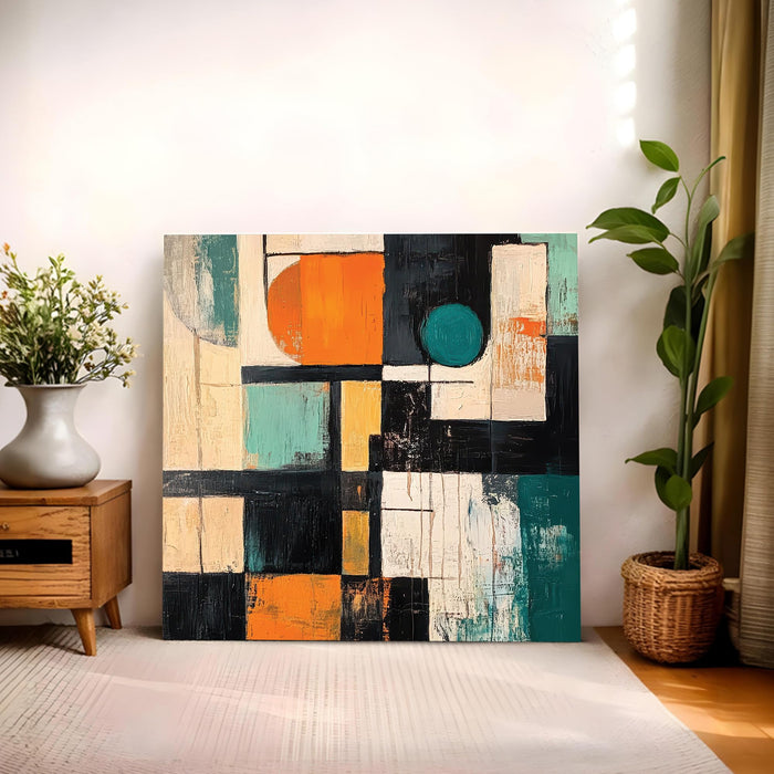 Modern Abstract Geometric Wall Art Painting For Living Room, Bold Orange, Teal & Black Shapes Stretched Canvas Wall Art Painting for Living Room, Office & Gallery Decor (56xx56 cm)