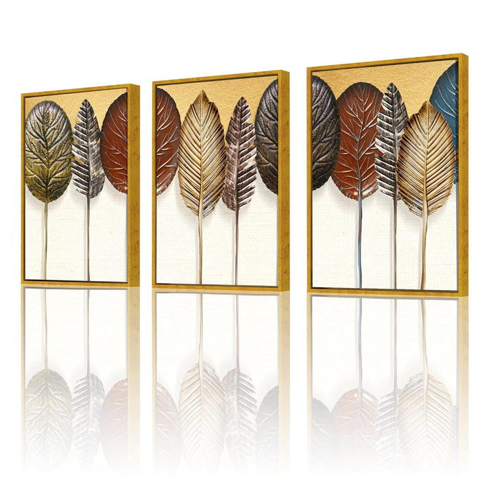 Abstract Golden Leaf Canvas Painting For Home Décor (17x23 Inch, Set Of 3)