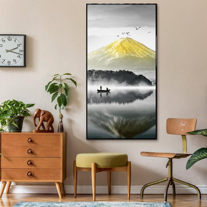 Art Street Canvas Painting Abstract Beautiful Golden Mountain With Lake Panel for Home Décor (Black, 47x23 Inch)