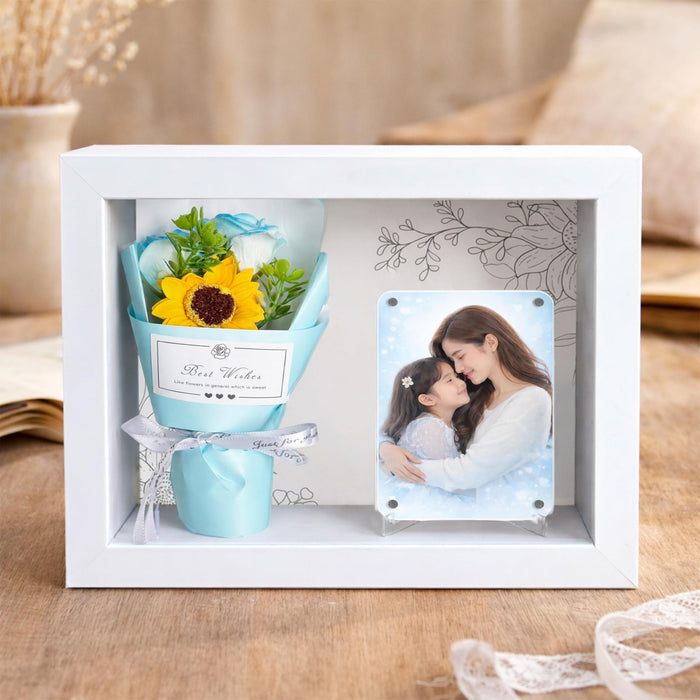 Mother's Day Flower Gift Box for Memories with Flower Bouquet and Fridge Magnet, Beautiful Moments in a Shadow Box, for Anniversary Gifting, Elegant Home Decor Display (Size: 18x23 cm)