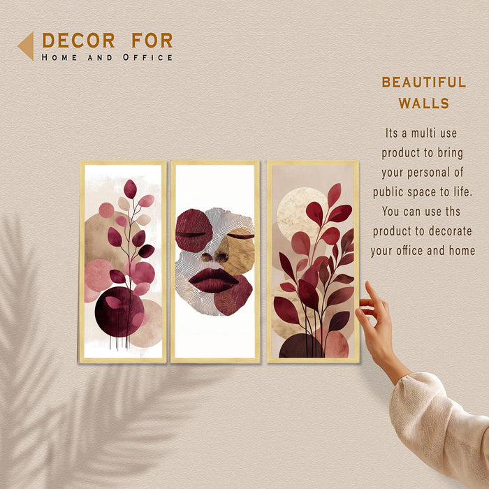 Abstract Botanical & Face Framed Wall Art Set of 3 | Modern Boho Wall Décor | Engineered Wood Frame Prints for Living Room, Bedroom & Office, 8.9x18.9 Inch