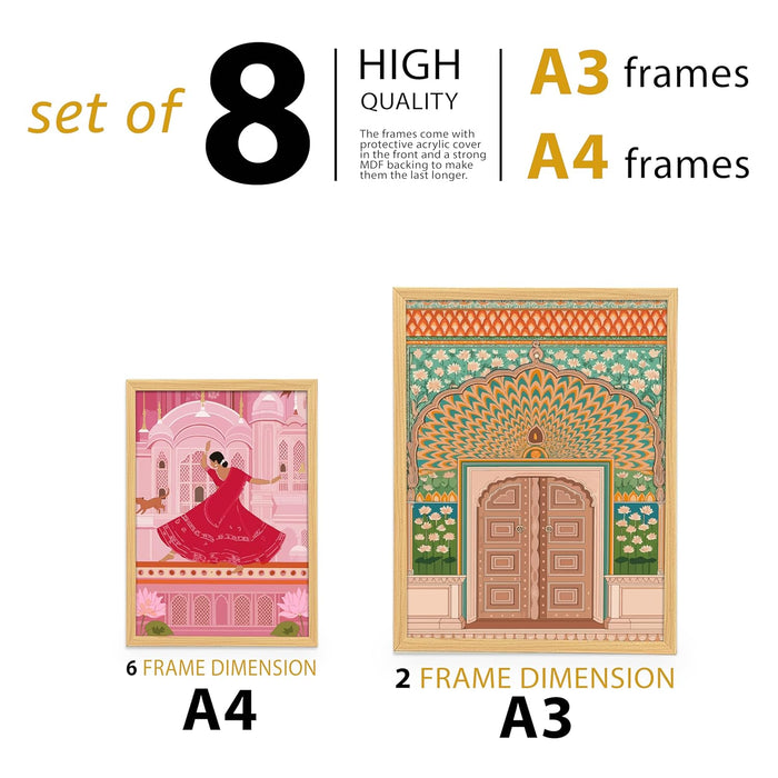 Womens indian Architecture Indian Folk Art Wall Art Print Paintings, Set of 8 | Digital Framed Painting | 30x42, 21x30 cm