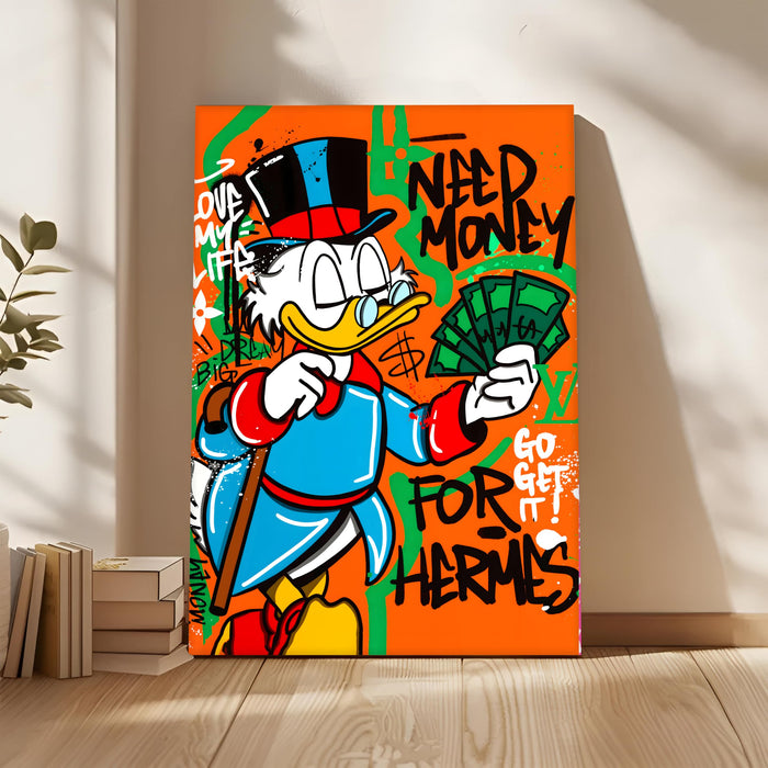 Modern Pop Art Duck Money Wall Painting | Graffiti Street Art Stretched Canvas Print | Bold Cartoon Artwork for Living Room, Office & Café Décor, 56x86 cm