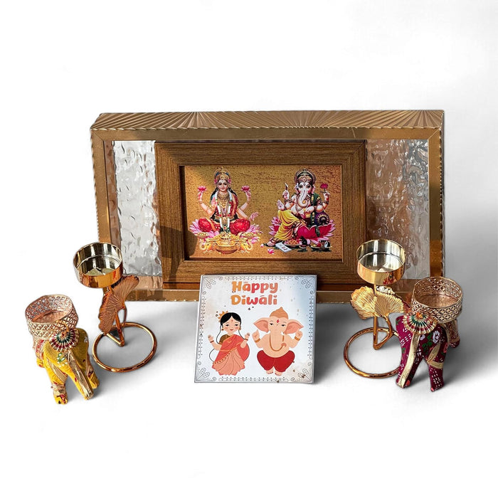 Diwali Gift Hamper Combo Set, Handmade Decorative Serving Tray, One Laxmi & Ganesh Table Photo Frame, Two Tealight with Elephant Diya & Greeting Card for Pooja Decor (Gold, 11x6 Inch Tray)