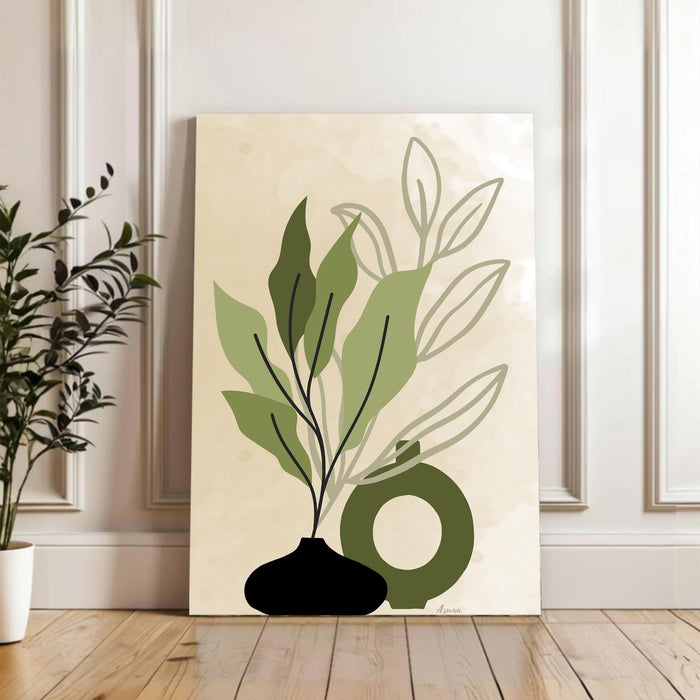 Abstract Botanical Vase Plant Stretched Canvas Wall Art Modern Boho Illustration Painting for Home & Office Wall Decor, (16x22 Inch)