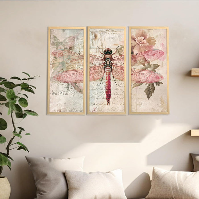 Dragonfly Floral Dictionary Wall Art Painting for Home, Engineered Wood Frame Stylish Large Wall Art Print (Set of 3, 8x18 Inch)