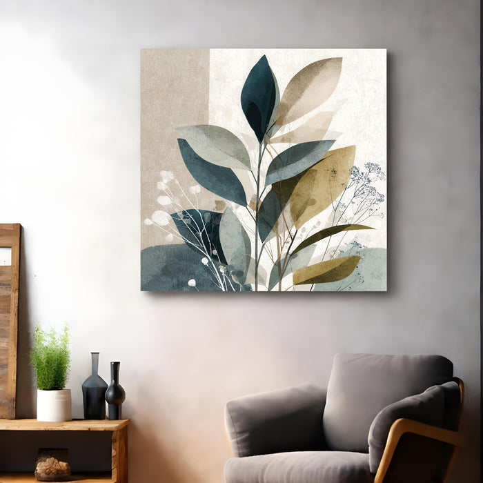 Abstract botanical foliage Stretched Canvas Wall Art Painting For Living Room, Modern Abstract Botanical Poster, Minimalist Overlapping Leaves in Earth Tones for Living Room & Office (56xx56 cm)