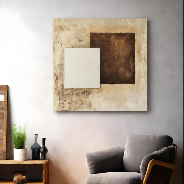Modern Abstract Stretched Canvas Wall Art Painting For Living Room, Minimalist Geometric White & Dark Brown Textured Painting for Living Room, Office & Home Decor (56xx56 cm)