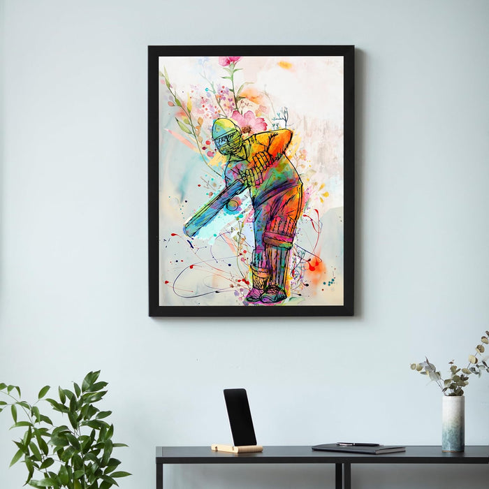 Art Street Framed Wall Hanging  Art Print of Cricket Batsman in Action Sports Poster for Home Decor, Living Room, Hotel, and Office Decor, (12.7X17.5 Inch)