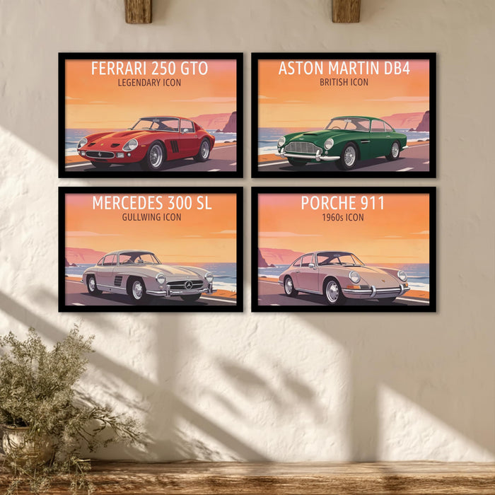 Classic Iconic Cars Framed Painting Wall Art Painting Set of 4 | Retro Luxury Car Illustration Prints for Living Room, Office & Studio D cor, 23x32 cm