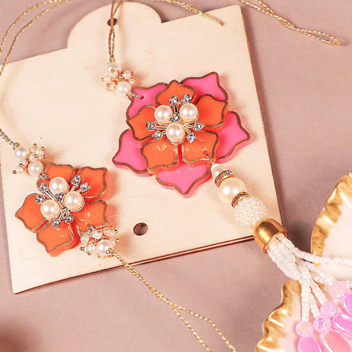 Rakhi Set for Brother and Bhabhi Premium Pink Flowers Design Rakhi with Roli and Chawal for Raksha Bandhan (Combo Of Two Rakhi)