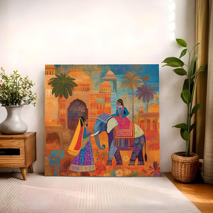 Royal Indian Elephant & Mughal Palace Stretched Wall Art Painting For Living Room, Traditional Rajasthani Folk Print Featuring Ethnic Women & Haveli Architecture For Home Decor (56xx56 cm)