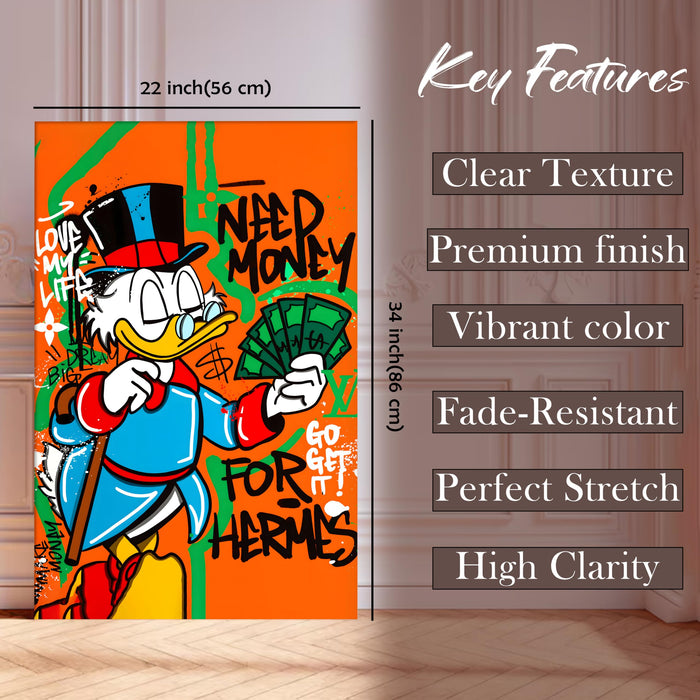 Modern Pop Art Duck Money Wall Painting | Graffiti Street Art Stretched Canvas Print | Bold Cartoon Artwork for Living Room, Office & Café Décor, 56x86 cm