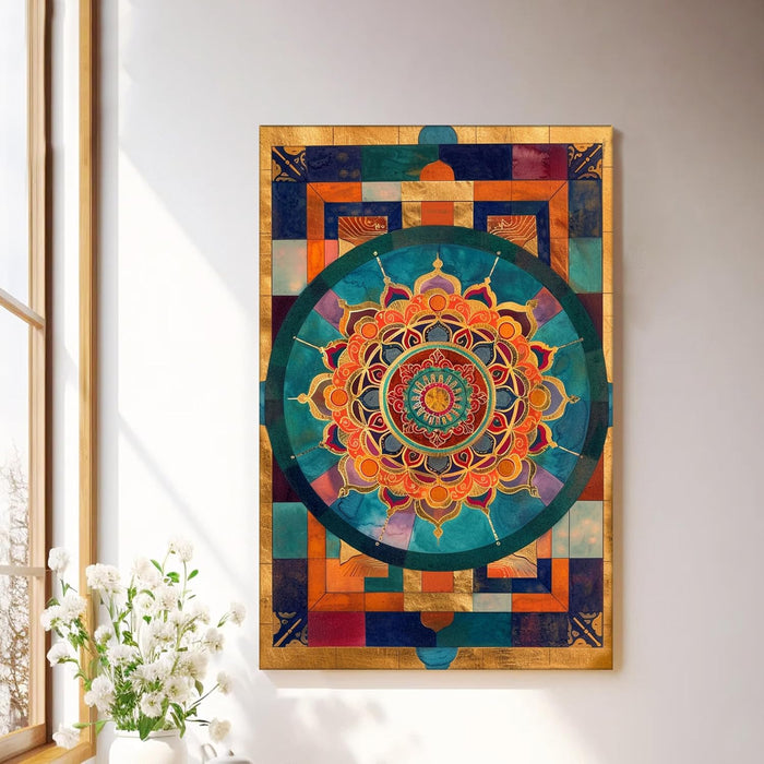Abstract Multicolor Geometric Mandala Painting with Frame, Framed Canvas Paintings Stretched Canvas Wall Art 22x34 Inch