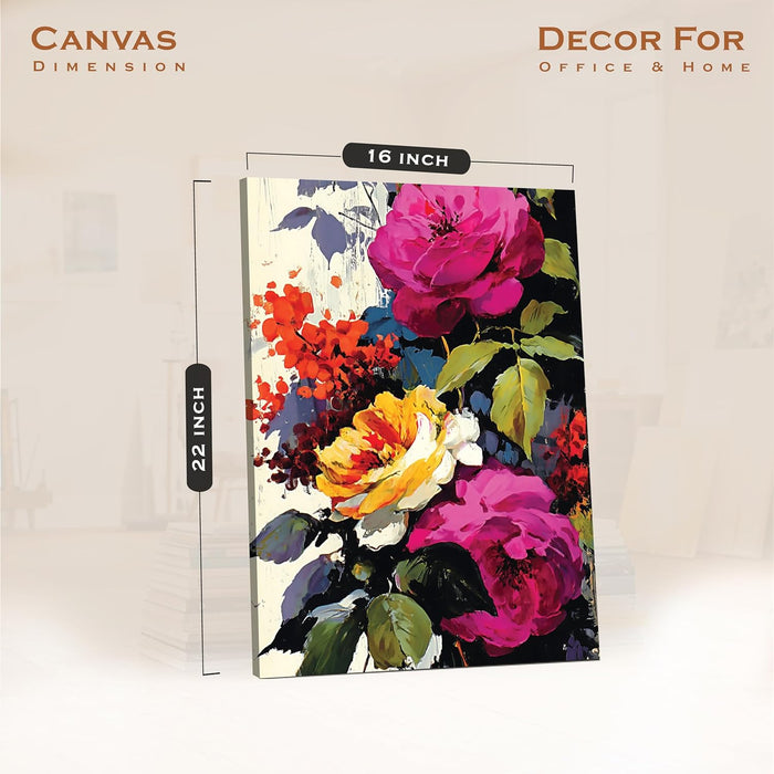 Abstract Floral and Botanical Art Print in Pink, Yellow, and Red | Digital Painting On Canvas Stretched on Wood (16x22 Inch)