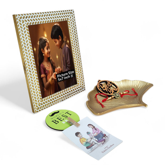 Art Street Rakhi Gift Hamper Combo Set-One 5x7 Inch Photo Frame With Ganesh Rakhi for Brother, Best Bro Keychain, Decorative Tray, One Photo Clip Best Brother Fridge Magnet Rakshabandhan Rakhi