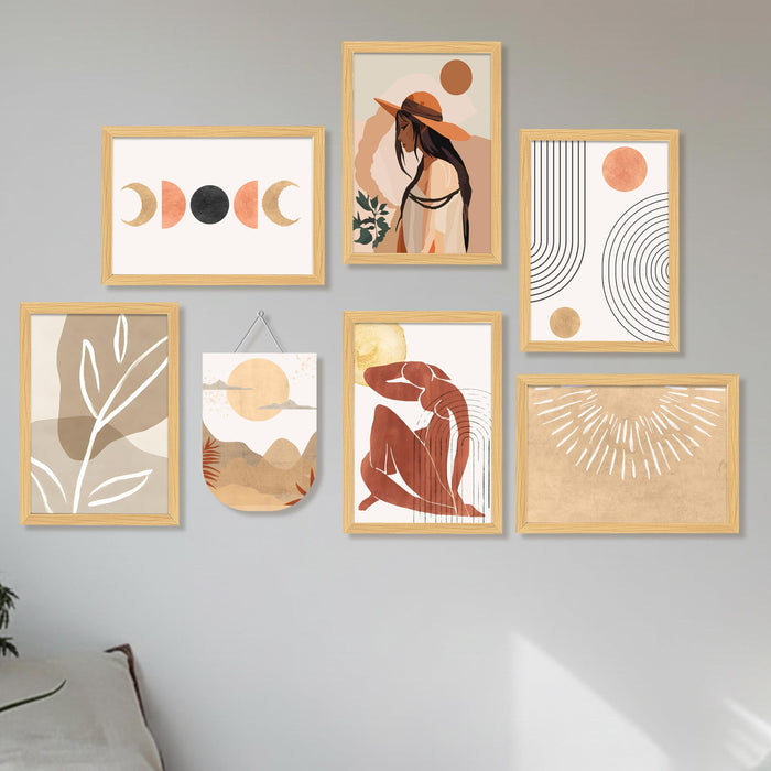 Boho Abstract Framed Wall Art Set of 7 (1 MDF wall Hanging), Modern Neutral Aesthetic Prints with Minimal Line Art, Framed Painting Wall Decor for Living Room, Bedroom, Home, 9x13 Inch