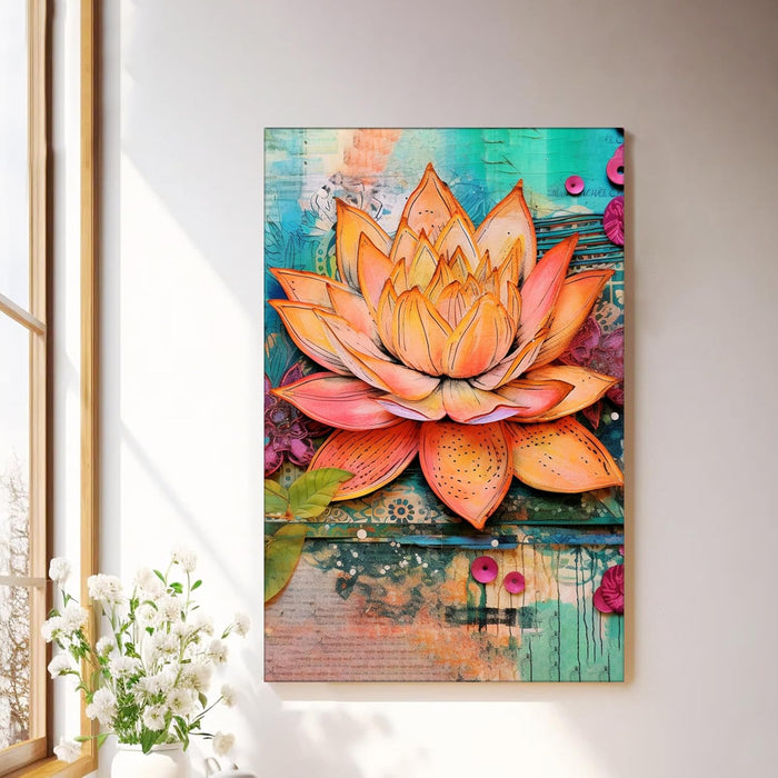 Abstract Multicolor Digital Art of Lotus Flower Stretched Canvas Painting with Frame – Wall Art – Framed Canvas Wall Décor (23x35 Inch)