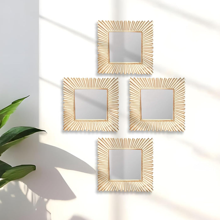 Decorative Square Golden Wall Mirror, Set of 4, Wall Hanging Mirrors (10 x 10 inch, Gold)