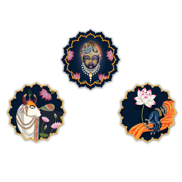 Art Street The art of Pichhwai Painting MDF Wall Plates Indian Traditional Wall Décor Of Lord Shrinathji, Decorative Home Decor - Set of 3 (Blue, Size: 12x12 Inch)