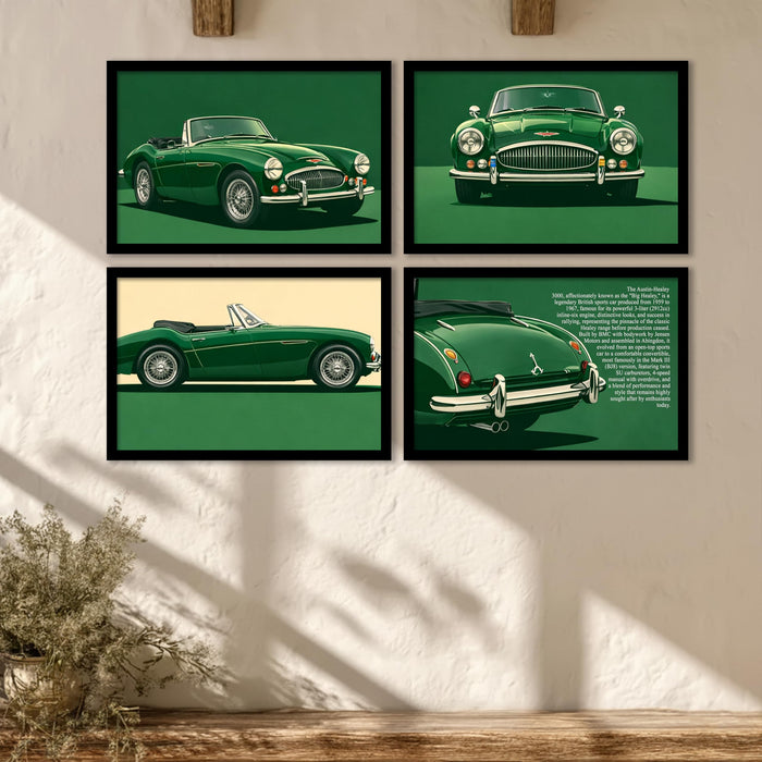 Austin-Healey 3000 Framed Wall Art Set Painting of 4 | Classic British Sports Car Illustration Prints for Living Room, Office & Studio Décor, 23x32 cm