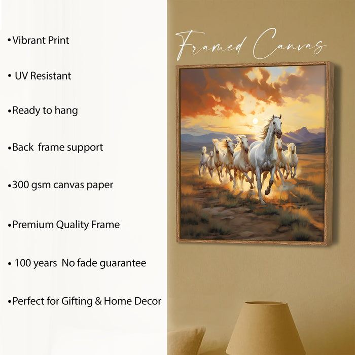 Vastu 7 Running Horses Framed Painting For Living Room | Feng Shui White Horse Large Canvas Painting With Frame Wall Art For Bedroom, Hallway's, Office, Hotel, Size 58x58 cm