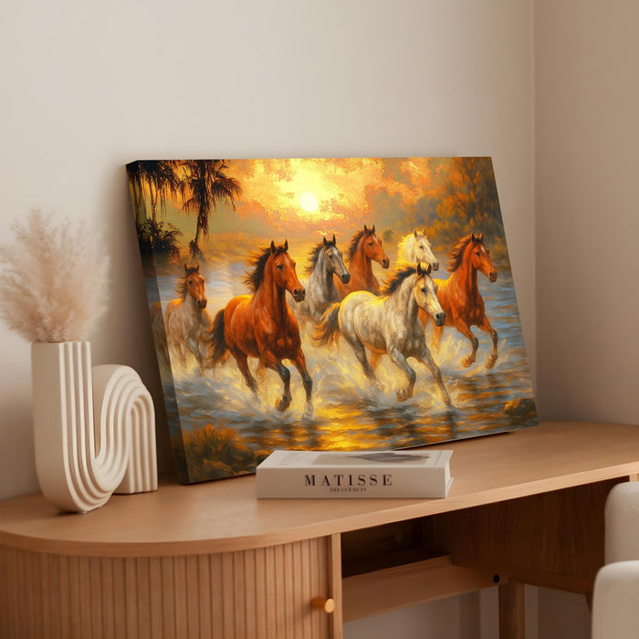 Seven Running Horses Wall Art Vastu Feng Shui Multicolor | Canvas Painting Stretched on Wood | Suits For Vastu-Friendly Place (16x22 Inch)