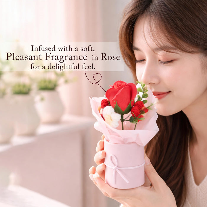 Art Street Artificial Rose & Knitted Daisy Flower Bouquet in Pink Box – Handmade Decorative Floral Arrangement for Home Décor, Office Table, & Anniversary, (Set of 2, 9x19 cm)